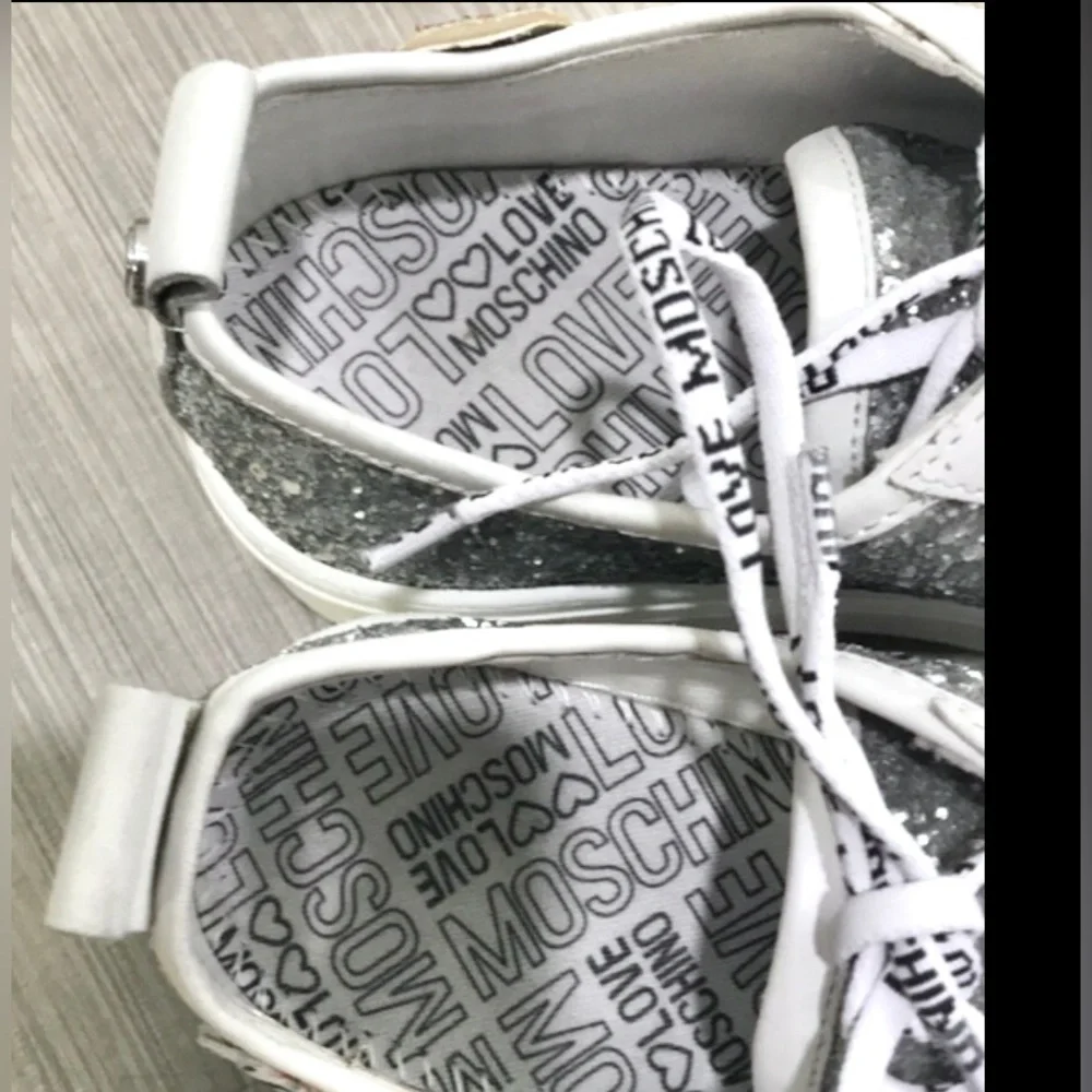 Love Moschino Leather platform sneakers Silver Glitter on White  EU 38 = US 7.5